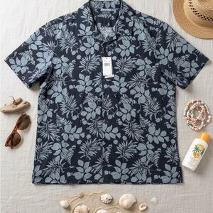 Men's Navy Floral Shirt Hawaiian Print Button Down Tee New NWT